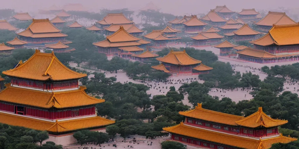 Prompt: a very high resolution image from a new movie, forbidden city and chinese tower in front of the towering skyscrapers, cyberpunk building, fantasy, wideshot, photorealistic, photography, directed by wes anderson