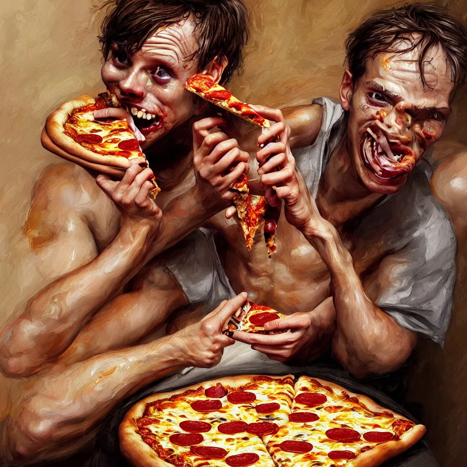Image similar to bright realistic anorexic man puking pizza and smiling franticly, apartment, rotten flesh, diffuse lighting, fantasy, intricate, elegant, highly detailed, lifelike, photorealistic, digital painting, artstation, illustration, concept art, smooth, sharp focus, art by francis bacon and jenny saville