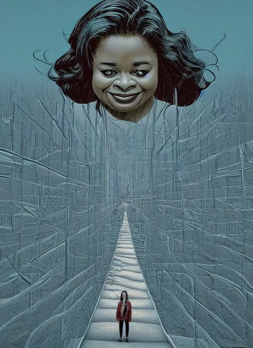 Image similar to poster artwork by Michael Whelan and James Jean, of Octavia Spencer has a invisible shadow man's voice in her head, reality is a labyrinth parking lot, psychological thriller from scene from Twin Peaks, clean, simple illustration, nostalgic, domestic, full of details