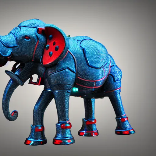 Image similar to hyper realistic cybertronic armored elephant. high details. blue and red leds. complex mechanical body. intricate, trending on art station, 8 k render.