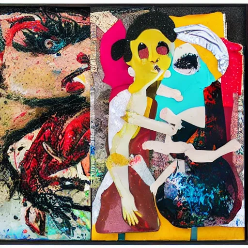 Prompt: two lobster women kissing at a carnival, mixed media collage, retro, paper collage, magazine collage, acrylic paint splatters, bauhaus, abstract claymation, layered paper art, sapphic visual poetry expressing the utmost of desires by jackson pollock