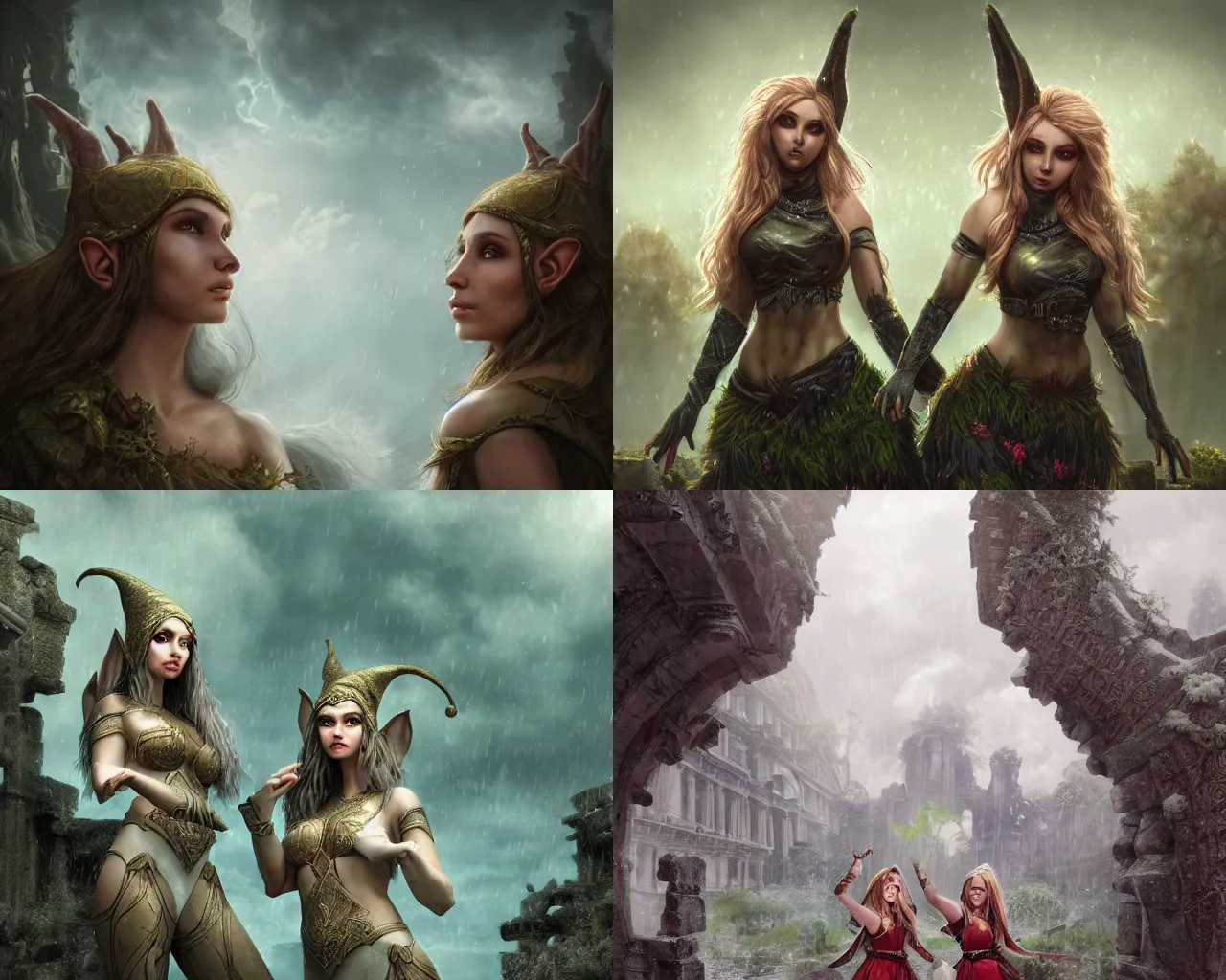 Prompt: Two beautiful female elves beckoning you into the Ancient ruins of a city, overgrown, heavy rain, winter, immaculate and epic scale, low angle, looking up, amazing lighting, sunshine filtering through the clouds, digital art, trending on Artstation, hyper-realistic, detailed, ultra detailed