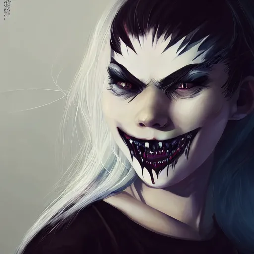 Image similar to Young woman, white hair, black eyes, sharp teeth, pointy ears, pale skin, trending on artstation