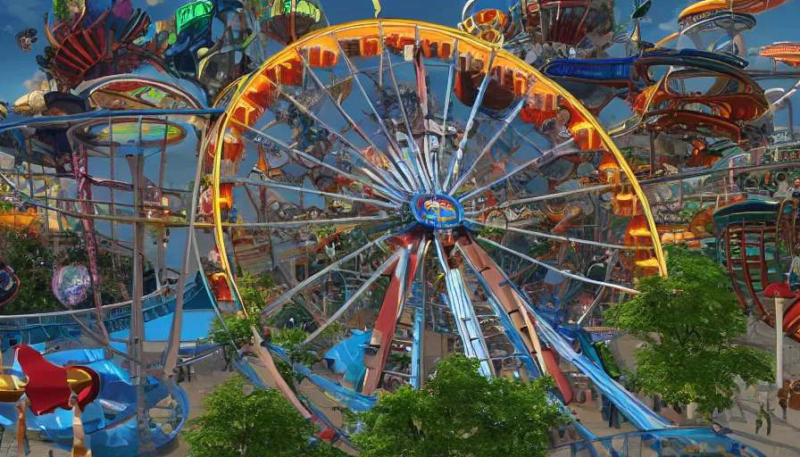 Prompt: Concept art of a magnificent futuristic amusement park with a Ferris wheel in the center of the park and roller coasters in the surroundings, hyperdetailed, artstation, cgsociety, 8k