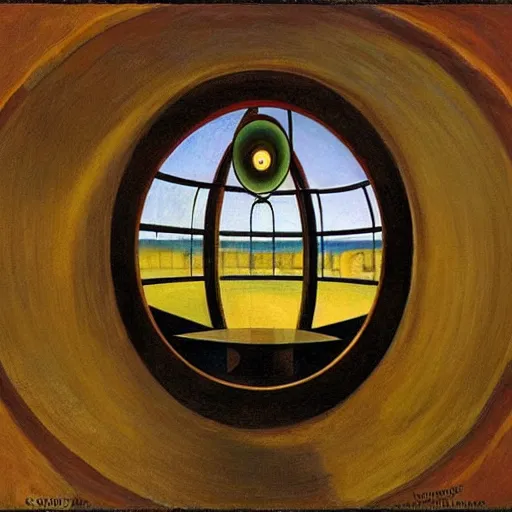 Prompt: giant mechanical eye inside a gyroscope in a dome - shaped control center, grant wood, pj crook, edward hopper, oil on canvas