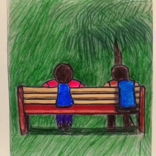 Prompt: a couple sitting on a park bench, children's drawing