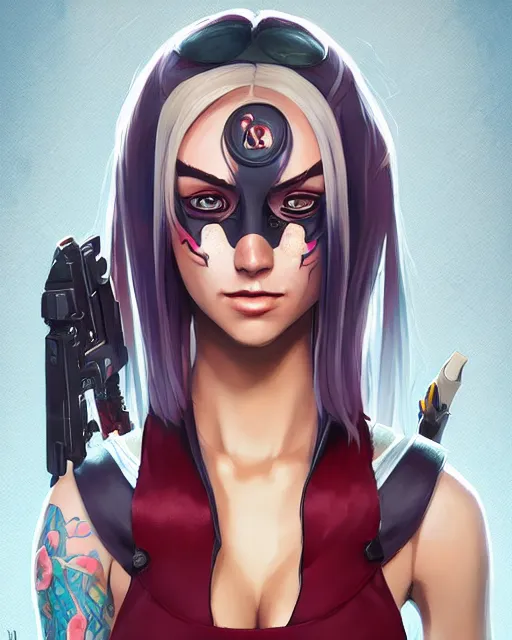 Image similar to jynx arcane valorant agent beautiful female tattoo symmetrical face eyes full length fantasy art apex fortnite Video game icon, 2d game art gta5 cover , official fanart behance hd artstation by Jesper Ejsing, by RHADS, Makoto Shinkai and Lois van baarle, ilya kuvshinov, rossdraws