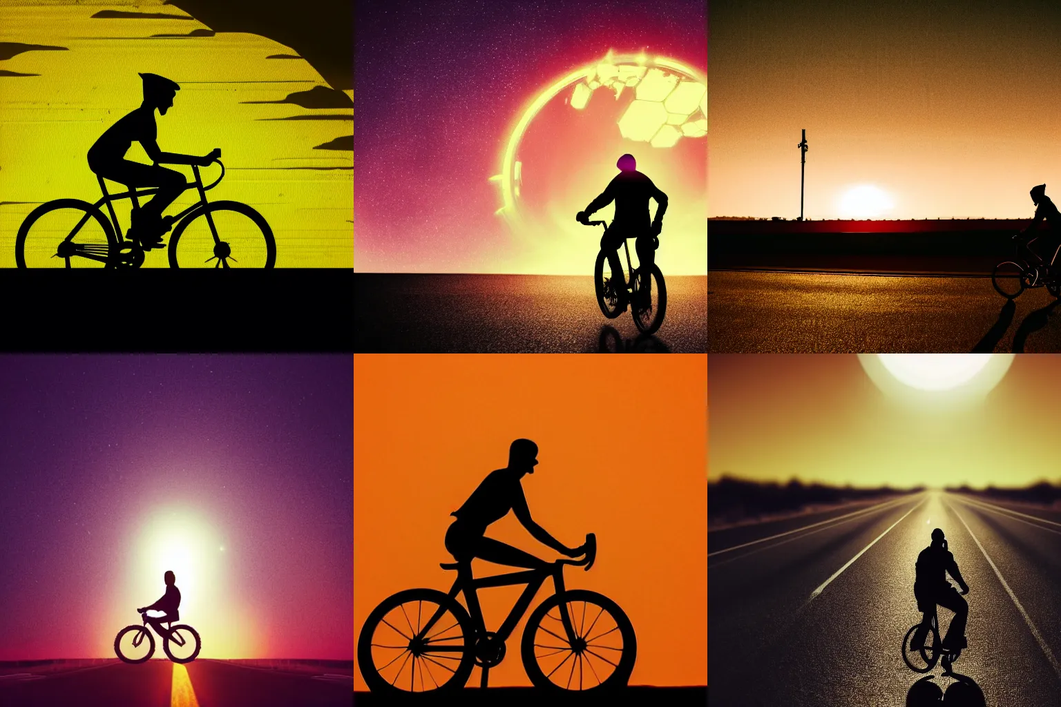 Prompt: high detail photo of a silhouette of a man riding a bicycle on an endless road on an alien cyberpunk neon planet, cinematic, atmospheric, 8k, tranquil, desolate