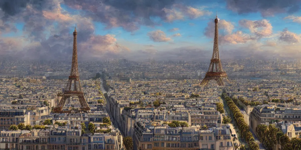 Prompt: the beautiful city of paris rebuilt near the ocean in sunny california, beach view, palm trees, splendid haussmann architecture, wonderful eiffel tower, digital painting, highly detailed, intricate, concept art, matte painting, trending on artstation