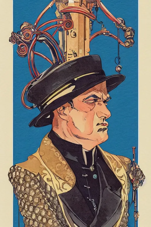 Image similar to zoomed out portrait of a duke, victorian era, art deco style, stylized illustration by moebius, juan gimenez, watercolor gouache detailed paintings in style of syd mead, metabaron, ghibli studio vibe, vivid colorful comics style, clean line, diesel punk,