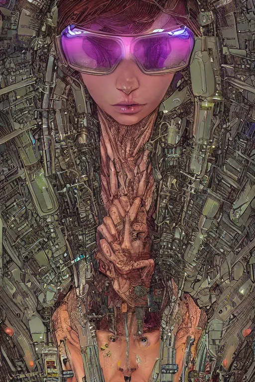 Prompt: the most amazing dream you ever had about beautiful woman transhumanism artificial intelligence singularity, hyper realistic, concept art, intricate, hyper detailed, smooth, jim lee, high contrast, neon, volumetric lighting, octane, raytrace, geof darrow, moebius, snowcrash