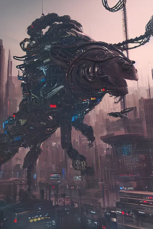 Image similar to 3D render of a futuristic cyberpunk zoo made up of cyborg animals. Dystopian. Noir. Photo realistic. highly detailed. Cinematic lighting. Trending on artstation. Masterpiece. Intricate. Majestic. Digital art. Unreal engine 5. Concept art