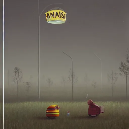 Image similar to simon stalenhag, bananas in pajamas, foggy, horror