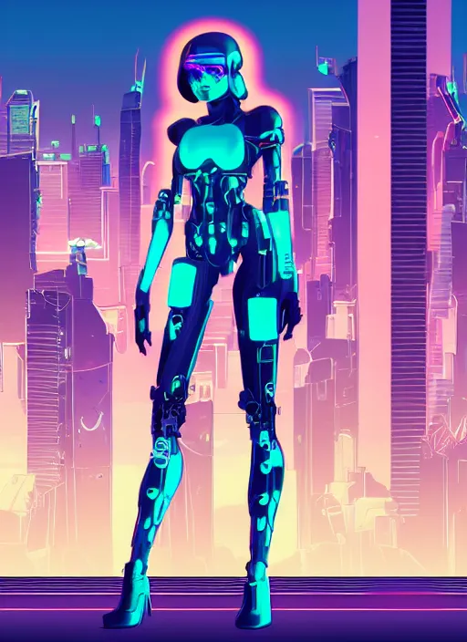 Prompt: a synthwave style style cyborg girl in a futuristic city