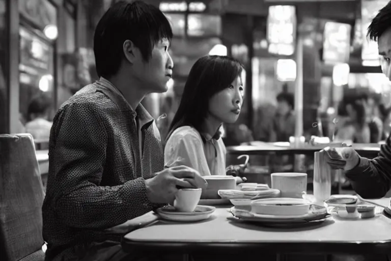 Image similar to VFX movie interior closeup beautiful Asian couple closeup sitting at 50s diner, night in the city, by Emmanuel Lubezki