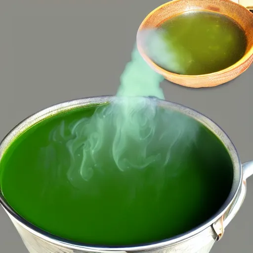 Prompt: brewing violent bubbling green fluid universe soup, green steam rising from soup