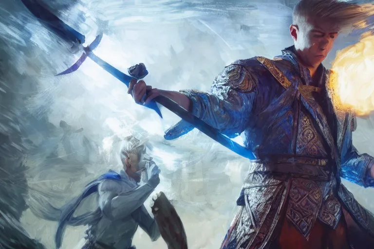 Image similar to a blonde man in a blue suit with a sword attacking a filipino fighter with a rune blade, d & d, heartstone, digital painting, volumetric light, intricate, sharp, focus, bloom, illustration, highly detailed, concept art, matte, ruan jia, randy vargas, greg rutkowski