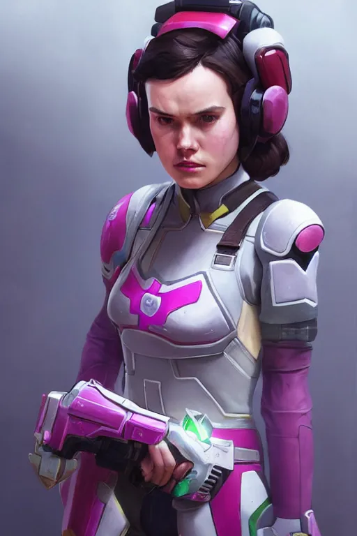 Image similar to Portrait of Daisy Ridley cosplaying as DVA from Overwatch, marvel comics, dark, intricate, highly detailed, smooth, artstation, digital illustration by Ruan Jia and Mandy Jurgens and Artgerm and Wayne Barlowe and Greg Rutkowski and Zdislav Beksinski