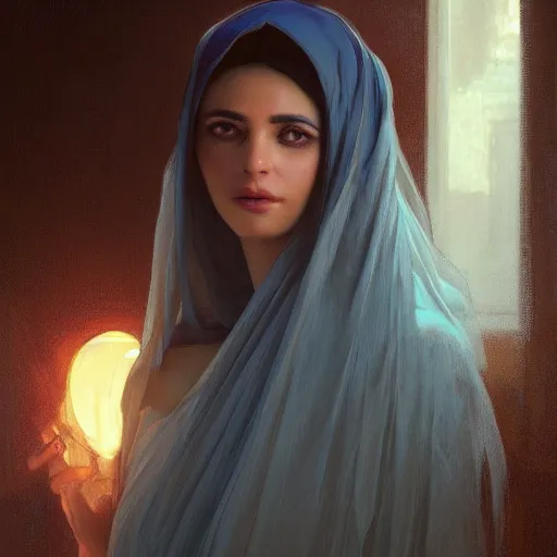 Image similar to a Photorealistic dramatic hyperrealistic render of an arab ameera al taweel, blue eyes, wavy black hair, white veil,by WLOP,Artgerm,Greg Rutkowski,Alphonse Mucha, Beautiful dynamic dramatic dark moody lighting,shadows,cinematic atmosphere,Artstation,concept design art,Octane render,8K