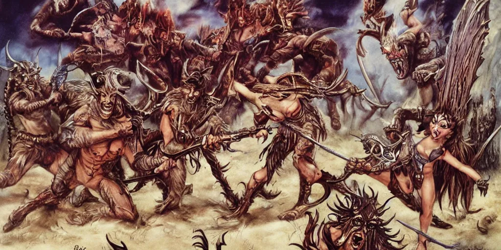 Image similar to Epic fantasy battle between krampus and warrior-girls, illustrated by Boris Vallejo and H.R. Giger