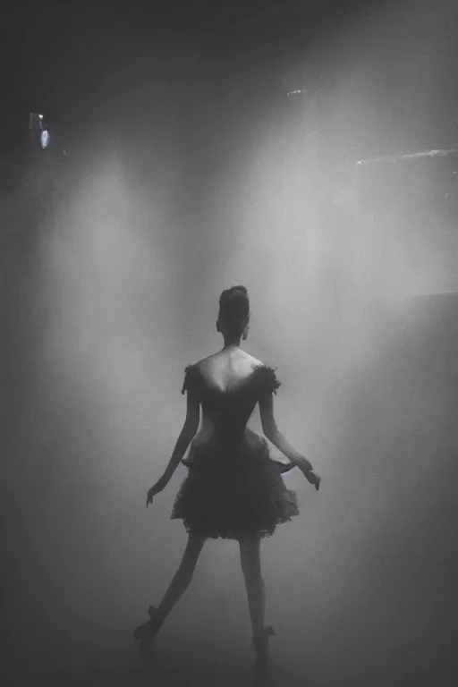 Image similar to dark ballerina, emil melmoth, concept art, deviantart, dark, 3 5 mm, chiaroscuro, surrealist, victorian, mist, dark, on an empty stage seen from below