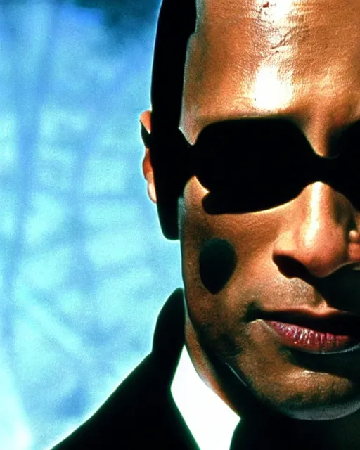 Image similar to film still close up shot of dwayne johnson as morpheus from the movie the matrix. photographic, photography