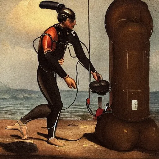 Prompt: 19th century romantic painting of a deep see atmospheric diving suit salvaging a submarine