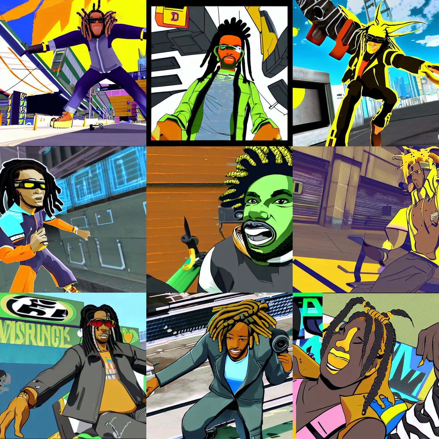 Prompt: woolie madden in jet set radio future, dreadlocks, cel - shading