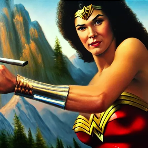 Image similar to a closeup photorealistic photograph of bob ross working on a canvas painting of wonder woman. film still. brightly lit scene. mountains and trees. this 4 k hd image is trending on artstation, featured on behance, well - rendered, extra crisp, features intricate detail, epic composition and the style of unreal engine.