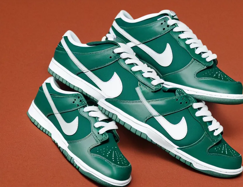 Image similar to a press photograph of nike dunk low pine green and white, size 1 0, white background