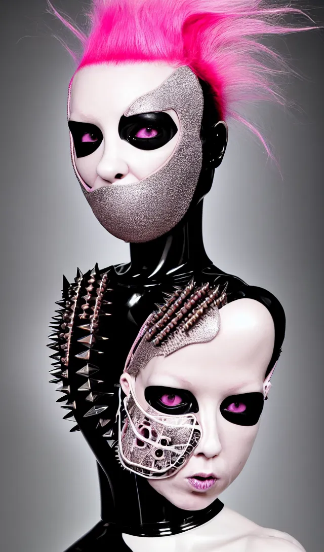 Image similar to symmetrical portrait of a biomechanical demoness wearing a steel spikes studded iridescent beauty mask and pink hair buns, wearing a black bodysuit by alexander mcqueen, cream white background, soft diffused light, biotechnology, humanoid robot, perfectly symmetric, bjork aesthetic, translucent, by rineke dijkstra, intricate details, highly detailed, masterpiece,