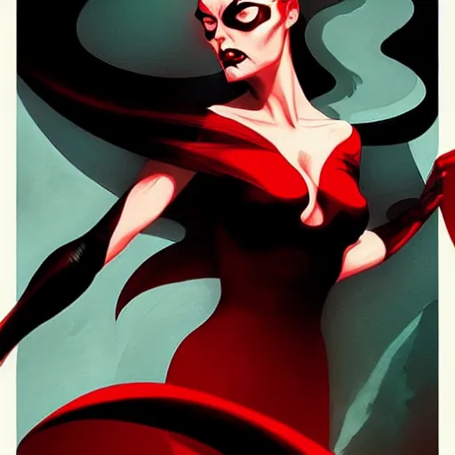 Image similar to rafael albuquerque comic art, peter mohrbacher, artgerm, joshua middleton, pretty evil elizabeth olson demon, black and red dress, symmetrical eyes