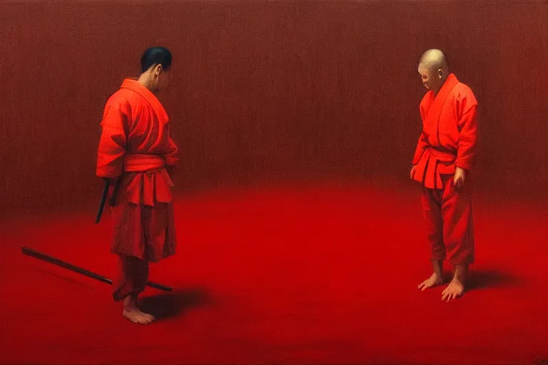 Image similar to only with red, a red samurai do seppuku, tokio, a lot of frogs watch, in the style of beksinski, parts by edward hopper, parts by rodcenko, parts by yue minjun, intricate and epic composition, red by caravaggio, insanely quality, highly detailed, masterpiece, red light, artstation, 4 k