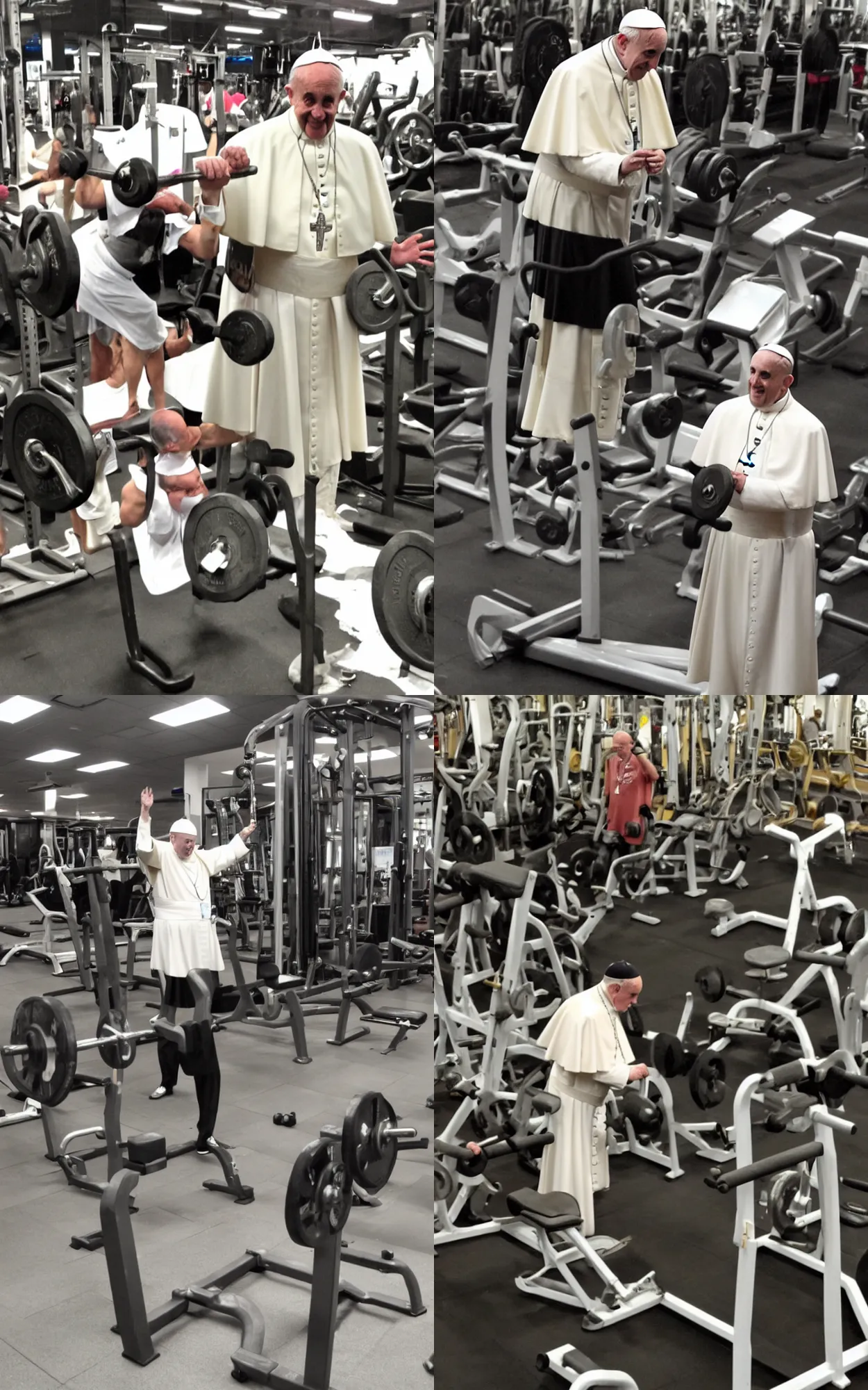 Prompt: the pope pumping iron at gold's gym