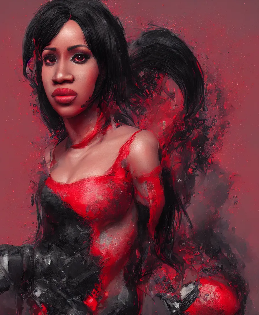 Image similar to hyper realistic cardi b, art by greg rutkowski, intricate, ultra detailed, photorealistic, black and red colors, trending on artstation, octane render, 4 k, 8 k