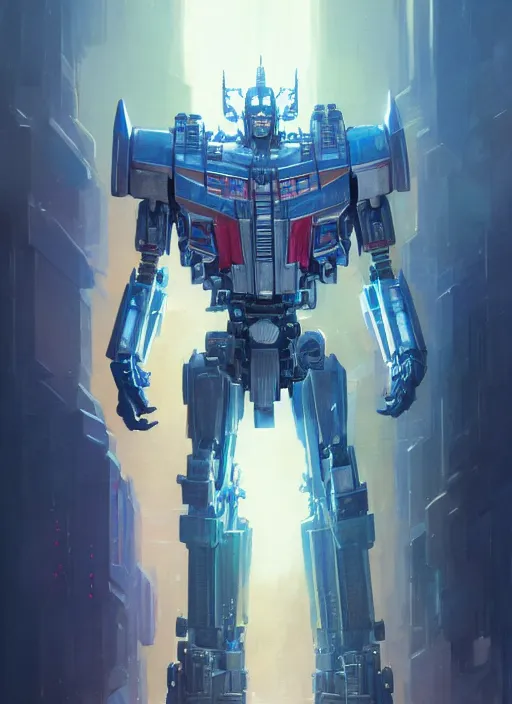 Image similar to Highly detailed full-body portrait of Optimus Prime, Stephen Bliss, unreal engine, fantasy art by Greg Rutkowski, Loish, Rhads, Makoto Shinkai and Lois van baarle, ilya kuvshinov, rossdraws, Tom Bagshaw, global illumination, radiant light, detailed and intricate environment