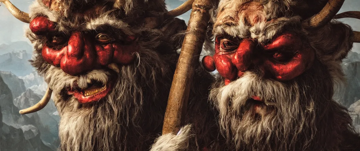 Image similar to hyperrealist highly detailed neo-baroque portrait of krampus standing in dolomites concept art pascal blanche dramatic studio lighting 8k wide angle shallow depth of field