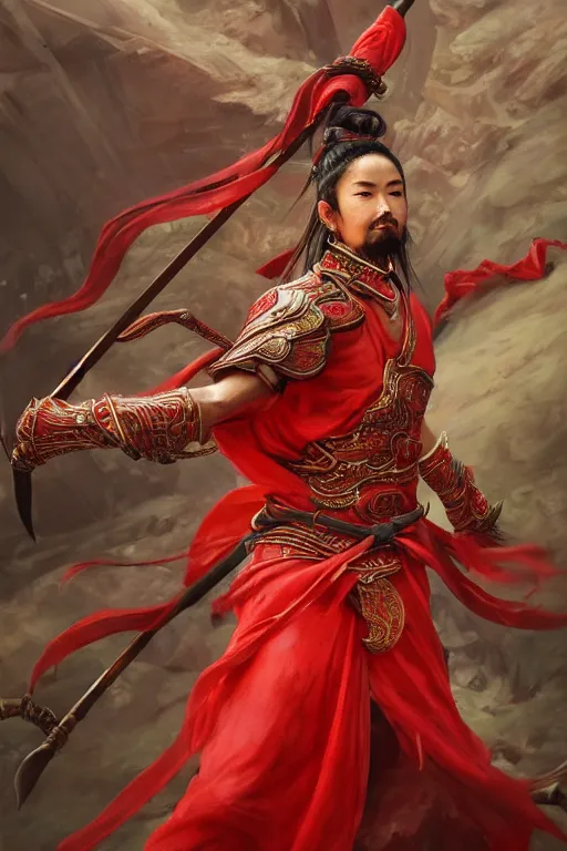 Image similar to a masterpiece portrait of nezha, red cloth around his shoulders, hold spear, cinematic, fantasy character portrait, highly detailed, by ne zha ( 2 0 1 9 ), fenghua zhong,