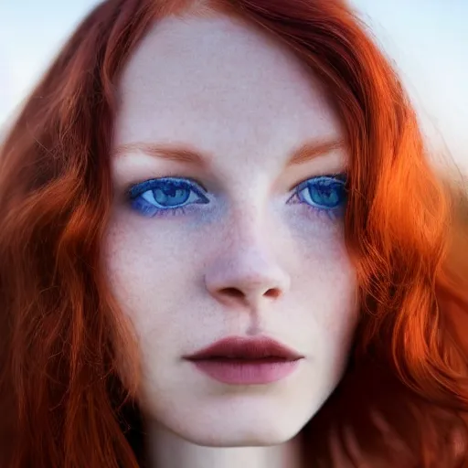 Image similar to close up portrait photograph of a thin young redhead woman with russian descent, with deep blue eyes. Wavy long maroon colored hair. she looks directly at the camera. Slightly open mouth, with a park visible in the background. 55mm nikon. Intricate. Very detailed 8k texture. Sharp. Cinematic post-processing. Award winning portrait photography. Sharp eyes.