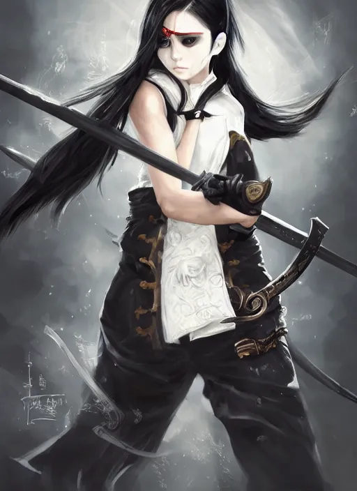 Image similar to a highly detailed illustration of fierce messy ponytail black haired one eyed japanese delinquent woman wearing long white delinquent coat and wearing eyepatch, dramatic wielding paper sword pose, intricate, elegant, highly detailed, centered, digital painting, artstation, concept art, smooth, sharp focus, league of legends concept art, wlop.