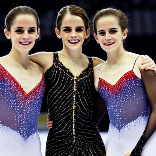 Prompt: a photo of two girls and emma watson won the gold medal of figure skating, highly detailed, cinematic lighting