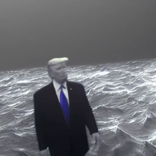 Image similar to dark footage of donald trump walking around the bottom of the ocean