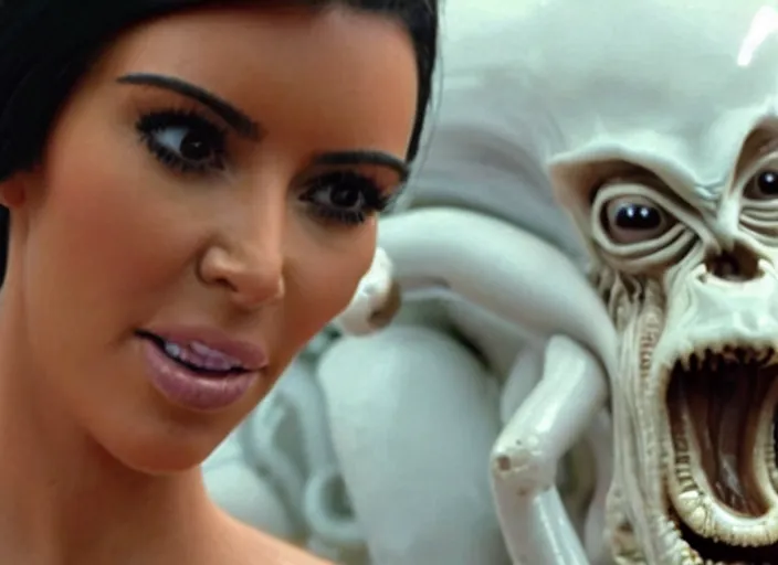 Image similar to film still of kim kardashian ingesting alien goo from the mouth of an xenomorph, transparent goo, transparent liquid, saliva, 8 k