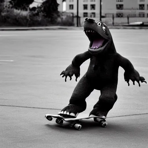 Prompt: photo of barney the dinosaur skateboarding