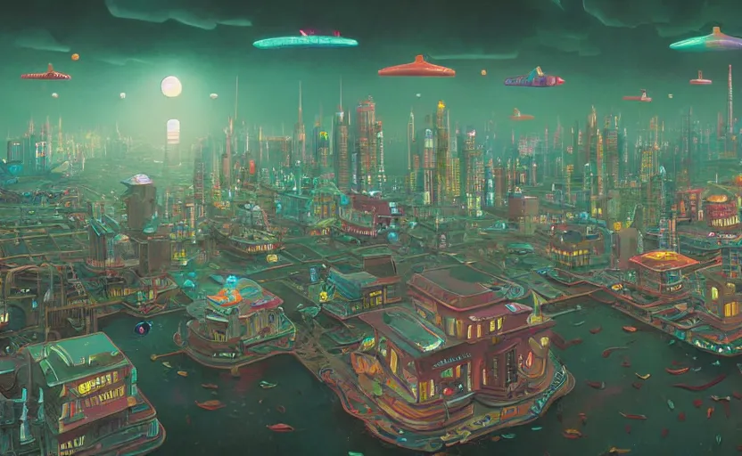 Image similar to Wide angle shot of a city with holographic fishes floating in the sky by James Gilleard, Mark Ryden, Wolfgang Lettl highly detailed, Dark cineamtic and atmospheric lighting