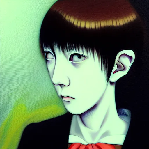 Image similar to yoshitaka amano blurred and dreamy realistic three quarter angle portrait of a young woman with short hair and black eyes wearing office suit with tie, junji ito abstract patterns in the background, satoshi kon anime, noisy film grain effect, highly detailed, renaissance oil painting, weird portrait angle, blurred lost edges