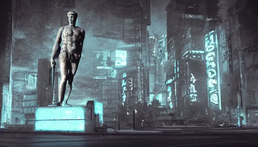 Prompt: a small weathered ancient greek sculpture standing in a square, surrounding by of cyberpunk city, neon sign, bladerunner, digital illustration, artstation, bottom view