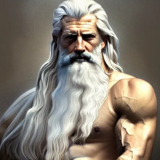 Image similar to painted portrait of rugged zeus, greek god, 4 0 years old, handsome, white hair, soft hair, upper body, muscular, hairy torso, fantasy, intricate, elegant, highly detailed, digital painting, artstation, concept art, smooth, sharp focus, illustration, art by artgerm and greg rutkowski and alphonse mucha