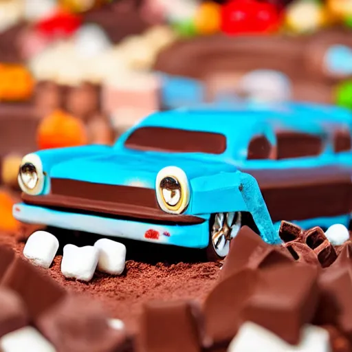 Prompt: car [ made of chocolate and marshmallows ], trending on unsplash, [ 4 k photorealism ], intricate