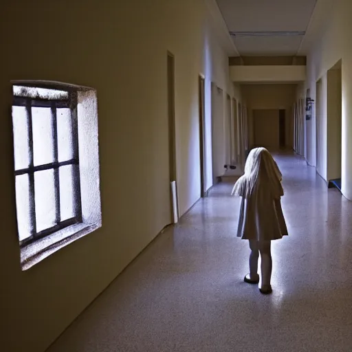 Prompt: twin girls, 8 year old standing at the end of a corridor, liminal space, eerie